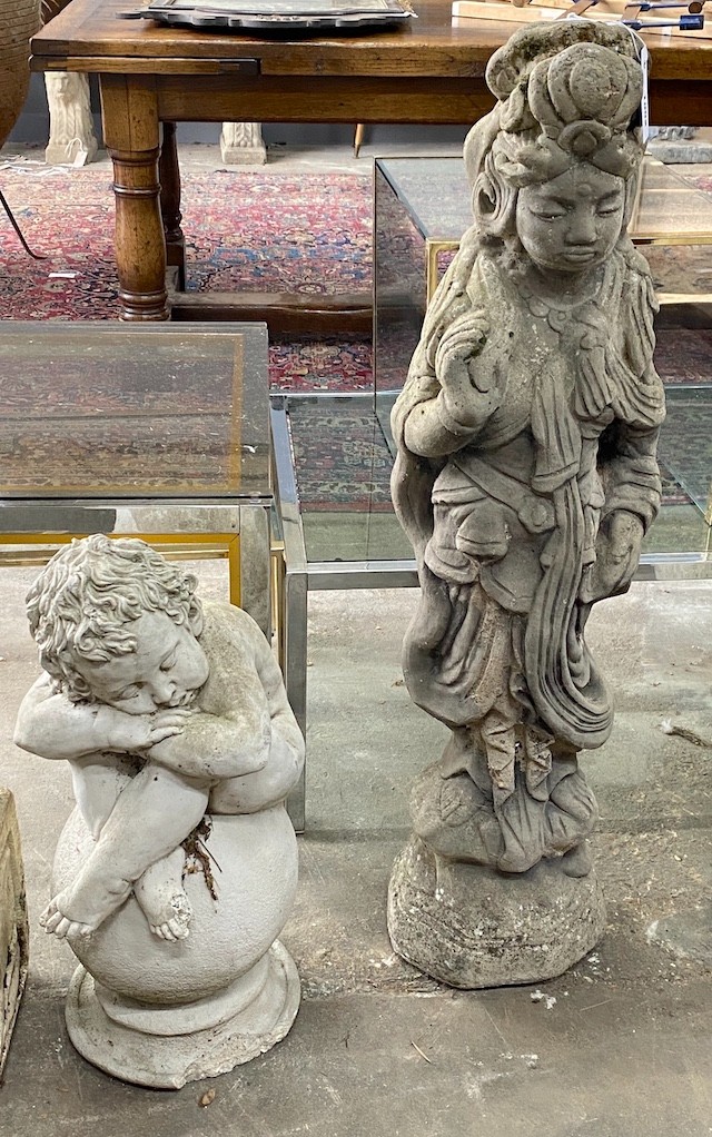 Two reconstituted stone garden statues, larger height 102cm